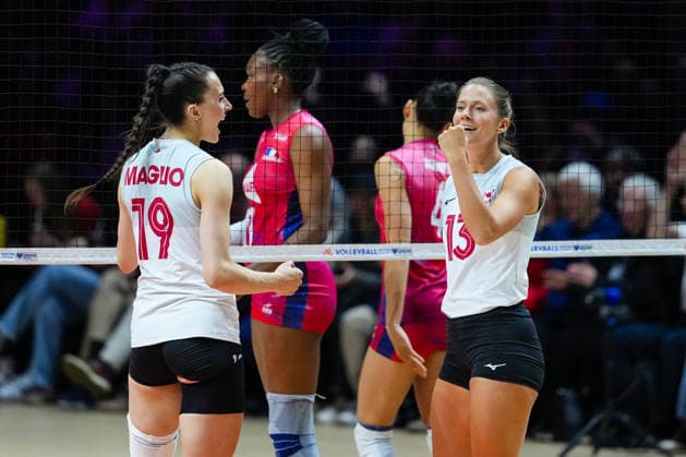 2026 Women s Volleyball Nations League - Quebec City - Day4 Brie Fransen 13 of Canada celebrates after scoring a point during the 2026 Women s Volleyball Nations League match between France and Canada at Videotron Centre in Quebec City, Canada, on June 6, 2026. Quebec City Quebec Canada  Copyright: xYuanxTianx originalFilename:tian-2026wome260606_npxek.jpg
