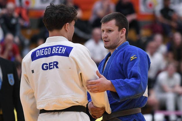 Deutsche Judo-Meisterschaft 2026 am 06.06.2026 in der Sporthalle an der Krefelder Straße in Duisburg Männer -81KG Diego Beeh ( weiss ) - Michael Löb ( blau )