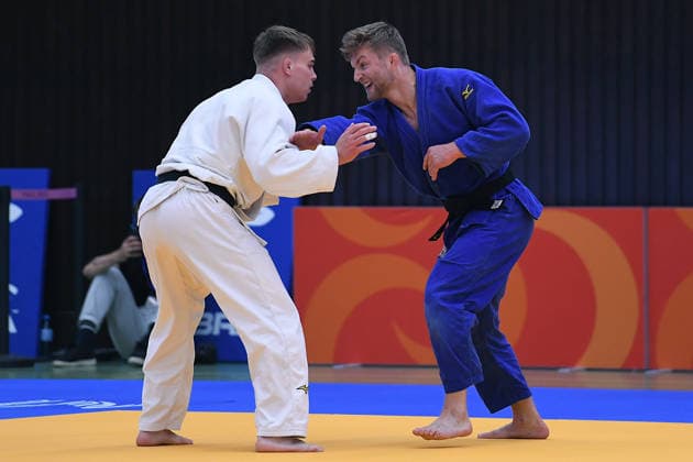Deutsche Judo-Meisterschaft 2026 am 06.06.2026 in der Sporthalle an der Krefelder Straße in Duisburg Männer -81KG Tom Droste ( weiss ) - Peter Thomas ( blau )