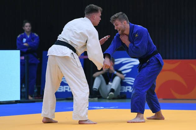 Deutsche Judo-Meisterschaft 2026 am 06.06.2026 in der Sporthalle an der Krefelder Straße in Duisburg Männer -81KG Tom Droste ( weiss ) - Peter Thomas ( blau )