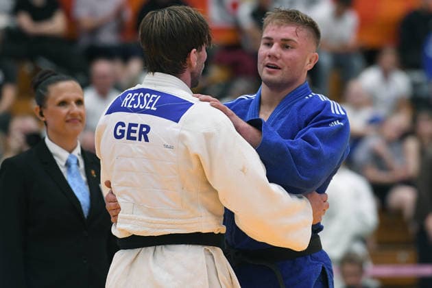 Deutsche Judo-Meisterschaft 2026 am 06.06.2026 in der Sporthalle an der Krefelder Straße in Duisburg Finale Männer -81KG Dominic Ressel ( weiss ) - Maxim Malsch ( blau )