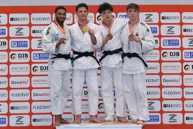 Deutsche Judo-Meisterschaft 2026 am 06.06.2026 in der Sporthalle an der Krefelder Straße in Duisburg Siegerehrung Männer -73kg 1. Jano Rübo 2. Kevin Abeltshauser 3. Joseph Lehniger 3. Raphael Akoto