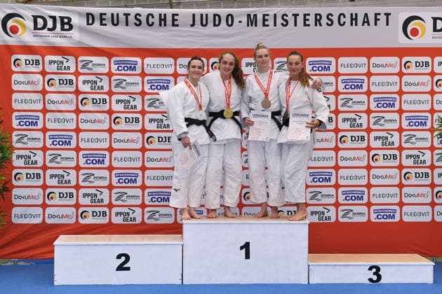 Deutsche Judo-Meisterschaft 2026 am 06.06.2026 in der Sporthalle an der Krefelder Straße in Duisburg Siegerehrung Frauen -63kg 1. Sara-Joy Bauer 2. Bettina Bauer 3. Charlotte von Leupoldt 3. Shenna Nitsche