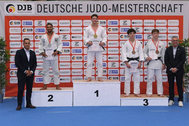 Deutsche Judo-Meisterschaft 2026 am 06.06.2026 in der Sporthalle an der Krefelder Straße in Duisburg Siegerehrung Männer -73kg 1. Jano Rübo 2. Kevin Abeltshauser 3. Joseph Lehniger 3. Raphael Akoto
