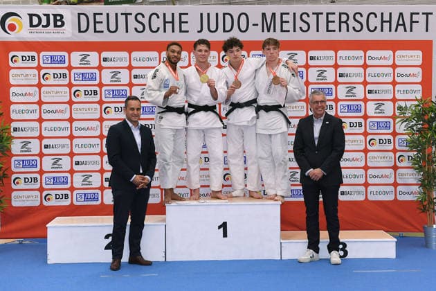 Deutsche Judo-Meisterschaft 2026 am 06.06.2026 in der Sporthalle an der Krefelder Straße in Duisburg Siegerehrung Männer -73kg 1. Jano Rübo 2. Kevin Abeltshauser 3. Joseph Lehniger 3. Raphael Akoto