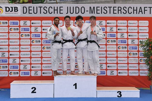 Deutsche Judo-Meisterschaft 2026 am 06.06.2026 in der Sporthalle an der Krefelder Straße in Duisburg Siegerehrung Männer -73kg 1. Jano Rübo 2. Kevin Abeltshauser 3. Joseph Lehniger 3. Raphael Akoto
