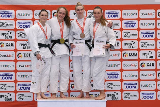 Deutsche Judo-Meisterschaft 2026 am 06.06.2026 in der Sporthalle an der Krefelder Straße in Duisburg Siegerehrung Frauen -63kg 1. Sara-Joy Bauer 2. Bettina Bauer 3. Charlotte von Leupoldt 3. Shenna Nitsche