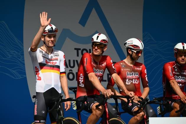 Tour Auvergne - Rhone-Alpes 2026 Stage 1 SAINT-ISMIER, FRANCE - JUNE 07 : Zimmerman Georg (GER) of Lotto Intermarche on the podium before the start of race during stage 1 of the 78th edition of Tour Auvergne - Rhone-Alpes an UCI World Tour 2.UWT cycling road race stage for Men Elite of 146.2 km with start in Vizille and finish in Saint-Ismier on June 7, 2026 in Saint-Ismier, France, 07 06 2026 ( Motordriver Guy De Vuyst - Saint-Ismier France  Copyright: xVincentxKalutx