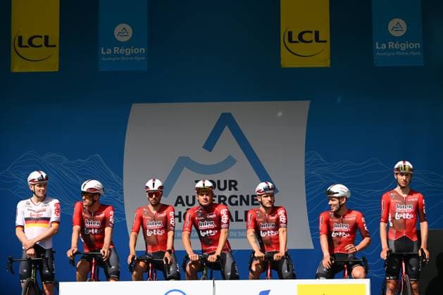 Tour Auvergne - Rhone-Alpes 2026 Stage 1 SAINT-ISMIER, FRANCE - JUNE 07 : Team Lotto Intermarche on the podium before the start of race during stage 1 of the 78th edition of Tour Auvergne - Rhone-Alpes an UCI World Tour 2.UWT cycling road race stage for Men Elite of 146.2 km with start in Vizille and finish in Saint-Ismier on June 7, 2026 in Saint-Ismier, France, 07 06 2026 ( Motordriver Guy De Vuyst - Saint-Ismier France  Copyright: xVincentxKalutx