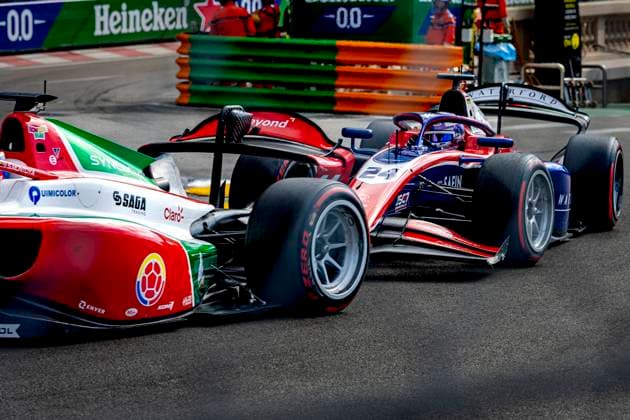 MONACO - Formula 2 driver Sebastian Montoya of Prema Powerteam, Formula 2 driver Laurens van Hoepen of Trident during the Formula 2 Monaco Grand Prix on the Monaco Street Circuit on June 6, 2026 in Monaco, Monaco. (Photo by DeFodi Images) -