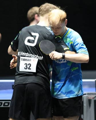 Wim Verdonschot und Doppelpartner Andre Bertelsmeier gewinnen das Halbfinale. GER Erfurt TT Finals 2026 Deutsche Meisterschaft, Tischtennis Messehalle Erfurt 07.06.2026. GER Erfurt TT Finals 2026 Deutsche Meisterschaft, Tischtennis Messehalle Erfurt 07.06.2026 Thueringen Deutsche Meiterschaft 06.06.2026 Erfurt