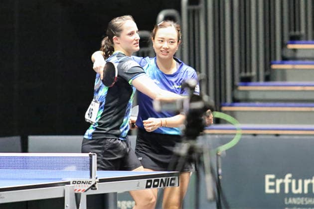 Sabine Winter und Yuan Wan gewinnen das Halbfinale. GER Erfurt TT Finals 2026 Deutsche Meisterschaft, Tischtennis Messehalle Erfurt 07.06.2026. GER Erfurt TT Finals 2026 Deutsche Meisterschaft, Tischtennis Messehalle Erfurt 07.06.2026 Thueringen Deutsche Meiterschaft 06.06.2026 Erfurt