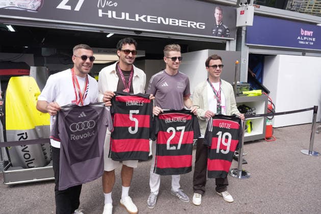 07.06.2026, Circuit de Monaco, Monte Carlo, Formel 1 Louis Vuitton Grand Prix Monaco 2026 ,im Bild Fussballer Lukas Podolski, Fussballer Mats Hummels, Nico Hülkenberg (DEU), Audi Revolut F1 Team, Fussballer Mario Götze. (Photo by Hasan Bratic DeFodi Images) -