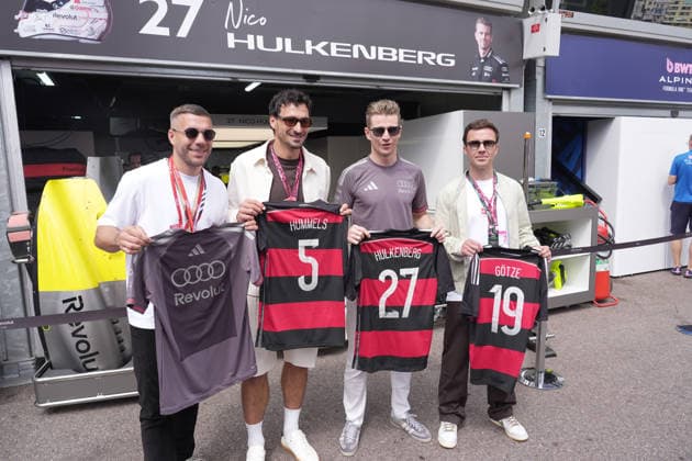 07.06.2026, Circuit de Monaco, Monte Carlo, Formel 1 Louis Vuitton Grand Prix Monaco 2026 ,im Bild Fussballer Lukas Podolski, Fussballer Mats Hummels, Nico Hülkenberg (DEU), Audi Revolut F1 Team, Fussballer Mario Götze. (Photo by Hasan Bratic DeFodi Images) -