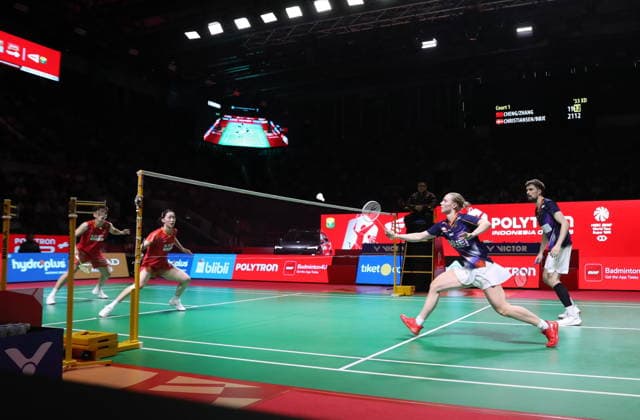 (260607) -- JAKARTA, June 7, 2026 -- Mathias Christiansen (1st R) Alexandra Boje (2nd R) compete during the mixed doubles final between Cheng Xing Zhang Chi of China and Mathias Christiansen Alexandra Boje of Denmark at the Indonesia Open 2026 badminton tournament in Jakarta, Indonesia, June 7, 2026. ) (SP)INDONESIA-JAKARTA-BADMINTON-INDONESIA OPEN-MIXED DOUBLES-FINAL CenxYunpeng 