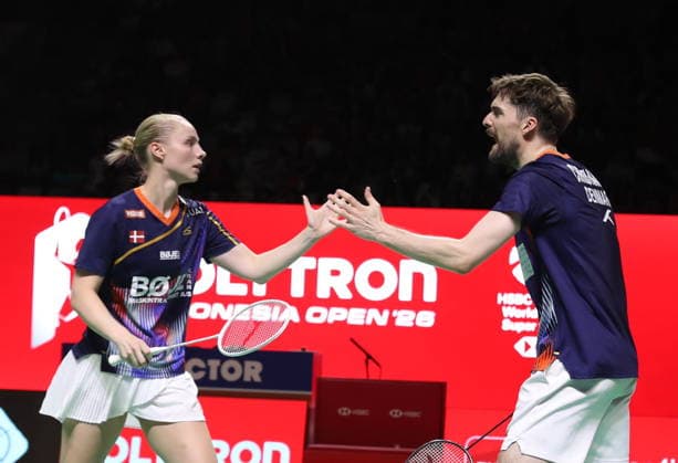 (260607) -- JAKARTA, June 7, 2026 -- Mathias Christiansen (R) Alexandra Boje celebrate scoring during the mixed doubles final between Cheng Xing Zhang Chi of China and Mathias Christiansen Alexandra Boje of Denmark at the Indonesia Open 2026 badminton tournament in Jakarta, Indonesia, June 7, 2026. ) (SP)INDONESIA-JAKARTA-BADMINTON-INDONESIA OPEN-MIXED DOUBLES-FINAL CenxYunpeng 