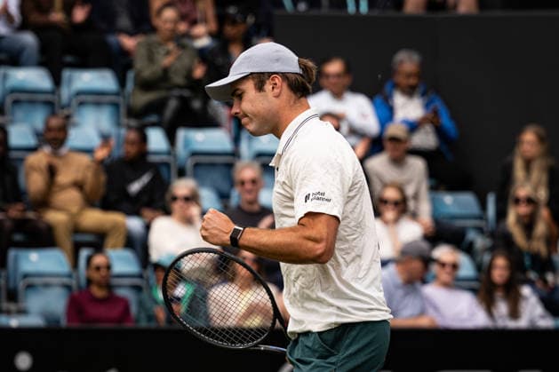 RECORD DATE NOT STATED 6th June 2026; The Edgbaston Priory Club, Birmingham, Midlands, England; 2026 Lexus Birmingham Open Tennis, Day Eight; Arthur Fery (GBR) celebrates winning a game in his semi final match against Yunchaokete Bu (CHN) GodfreyxPitt
