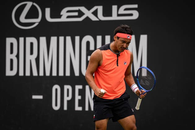 RECORD DATE NOT STATED 6th June 2026; The Edgbaston Priory Club, Birmingham, Midlands, England; 2026 Lexus Birmingham Open Tennis, Day Eight; Yunchaokete Bu (CHN) celebrates winning a game in his semi final match against Arthur Fery (GBR) GodfreyxPitt