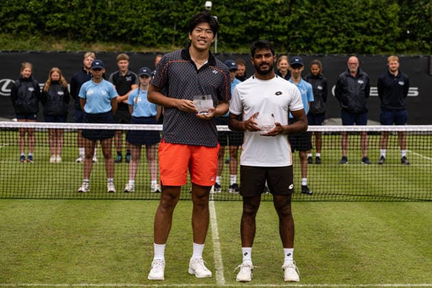 RECORD DATE NOT STATED 7th June 2026; The Edgbaston Priory Club, Birmingham, Midlands, England; 2026 Lexus Birmingham Open Tennis, Day Eight; Anirudh Chandrasekar (IND) with his partner Takeru Yuzuki (JAP) holding their runner up trophies after losing in the final of the Mens Doubles to Ben Jones (GBR) and Joshua Paris (GBR) 6-4 7-6 GodfreyxPitt