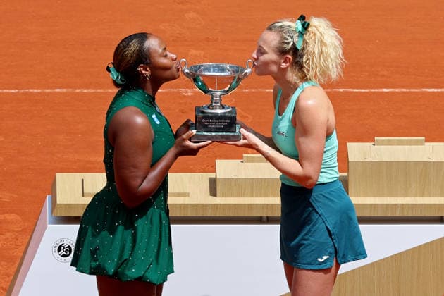 RECORD DATE NOT STATED 7th June 2026; Roland Garros, Paris, France; 2026 French Open Tennis, Day 20; Taylor Townsend (USA) &amp; Katerina Siniakova (CZE) celebrate their win in the ladies doubles final JonxBromley