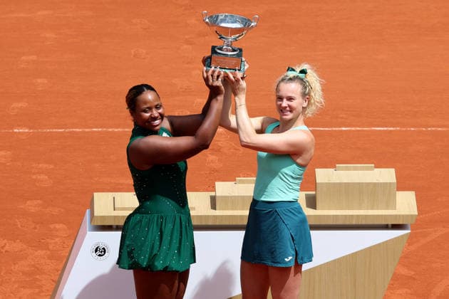 RECORD DATE NOT STATED 7th June 2026; Roland Garros, Paris, France; 2026 French Open Tennis, Day 20; Taylor Townsend (USA) &amp; Katerina Siniakova (CZE) lift the trophy after winning the ladies doubles JonxBromley