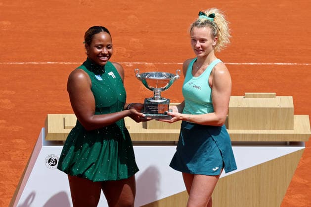 RECORD DATE NOT STATED 7th June 2026; Roland Garros, Paris, France; 2026 French Open Tennis, Day 20; Taylor Townsend (USA) &amp; Katerina Siniakova (CZE) with the trophy after winning the ladies doubles JonxBromley