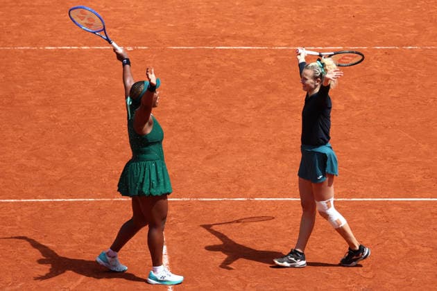 RECORD DATE NOT STATED 7th June 2026; Roland Garros, Paris, France; 2026 French Open Tennis, Day 20; Taylor Townsend (USA) &amp; Katerina Siniakova (CZE) celebrates their win in the ladies doubles final JonxBromley