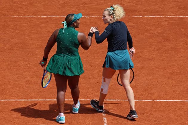 RECORD DATE NOT STATED 7th June 2026; Roland Garros, Paris, France; 2026 French Open Tennis, Day 20; Taylor Townsend (USA) &amp; Katerina Siniakova (CZE) celebrates their win in the ladies doubles final JonxBromley