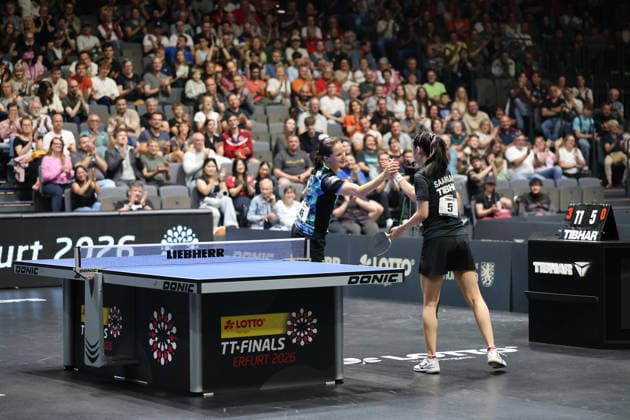 Sabine Winter gewinnt deutlich mit 3:0 gegen Lisa Wang im Halbfinale GER Erfurt TT Finals 2026 Deutsche Meisterschaft, Tischtennis Messehalle Erfurt 07.06.2026. GER Erfurt TT Finals 2026 Deutsche Meisterschaft, Tischtennis Messehalle Erfurt 07.06.2026 Thueringen Deutsche Meiterschaft 06.06.2026 Erfurt