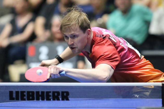 Benedikt Duda beim Rückschlag im Halbfinale Spiel gegen Dang Qiu. GER Erfurt TT Finals 2026 Deutsche Meisterschaft, Tischtennis Messehalle Erfurt 07.06.2026. GER Erfurt TT Finals 2026 Deutsche Meisterschaft, Tischtennis Messehalle Erfurt 07.06.2026 Thueringen Deutsche Meiterschaft 06.06.2026 Erfurt