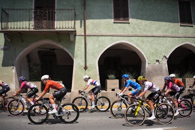 The blue jersey Netherlands™s Demi Vollering of FDJ United - Suez™s The pack rides during Stage 9 of the Giro d™Italia Women, from Saluzzo to Saluzzo, Italy, Sunday, June 7, 2026.  Copyright: xMarcoxAlpozzix
