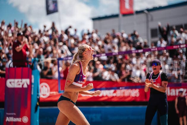 Beachvolleyball Frauen Allianz German Beach Tour 2026 Tourstop Berlin 07.06.2026 Nele Barber jubelt nach dem Sieg Berlin Funkhaus Beach Berlin Deutschland