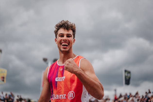 Beachvolleyball Männer Allianz German Beach Tour 2026 Tourstop Berlin 07.06.2026 Lui Wüst jubelt nach dem Sieg Berlin Funkhaus Beach Berlin Deutschland