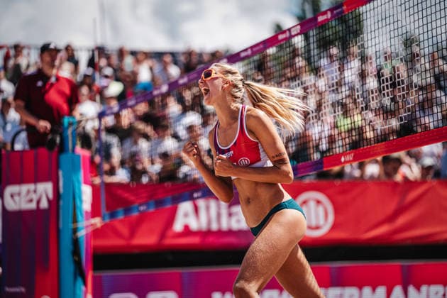 Beachvolleyball Frauen Allianz German Beach Tour 2026 Tourstop Berlin 07.06.2026 Nele Barber jubelt Berlin Funkhaus Beach Berlin Deutschland