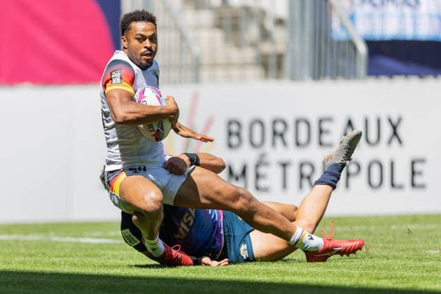 Deutschland - Argentinien, SVNS Rugby World Championship, WM, Weltmeisterschaft Makonnen Amekuedi (Deutschland, 60) legt den Ball im Malfeld ab, der Versuch wird aber aberkannt. Spiel um Platz 9 zwischen Deutschland und Argentinien. Drittes Turnier der SVNS World Championship, Siebener-Rugby WM vom 5. bis 7. Juni 2026 in Bordeaux (Frankreich). 7. Juni 2026., Bordeaux Region Nouvelle-Aquitaine Frankreich Stade Atlantique