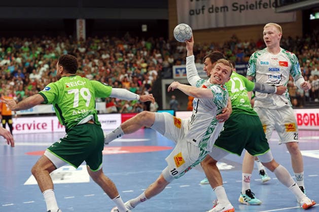 07.06.2026, xovx, Handball Daikin Handball-Bundesliga, HSG Wetzlar - SC Magedeburg v.l. Ahmet Nafea (HSG Wetzlar), Gisli Thorgeir Kristjansson (SC Magdeburg), Jona Schoch (HSG Wetzlar), Magnus Saugstrup (SC Magdeburg) Wetzlar Buderus Arena Hessen Deutschland (DE)