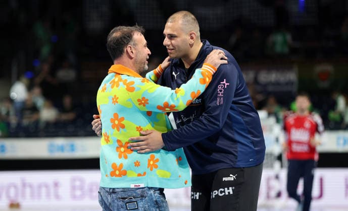 Manager Bob Hanning, Torwart Dejan Milosavljev Aktion Oberkörper Handball HBL Bundesliga Herren 34. Spieltag Saison 2025 2026 07.06.2026 Füchse Berlin vs SG Flensburg Handewitt