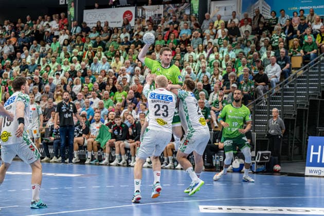 Handball Bundesliga; HSG Wetzlar - SC Magdeburg, 07.06.26 Dominik Mappes (HSG Wetzlar, 7), Magnus Saugstrup (SC Magdeburg, 23), Albin Lagergren (SC Magdeburg, 21), Philipp Ahouansou (HSG Wetzlar, 19) Handball Bundesliga; HSG Wetzlar - SC Magdeburg: Wetzlar, 07.06.26