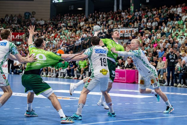 Handball Bundesliga; HSG Wetzlar - SC Magdeburg, 07.06.26 Dominik Mappes (HSG Wetzlar, 7), Elvar Oern Jonsson (SC Magdeburg, 19), Magnus Saugstrup (SC Magdeburg, 23), Josip Simic (HSG Wetzlar, 10) Handball Bundesliga; HSG Wetzlar - SC Magdeburg: Wetzlar, 07.06.26