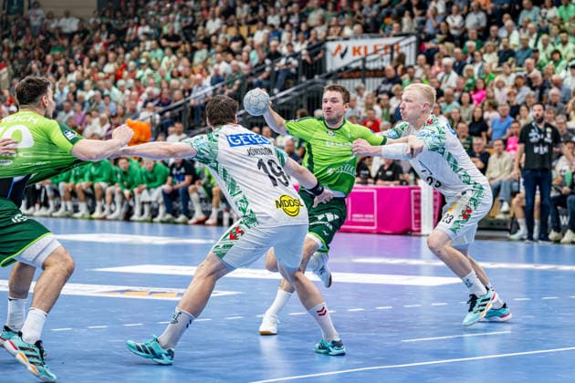 Handball Bundesliga; HSG Wetzlar - SC Magdeburg, 07.06.26 Dominik Mappes (HSG Wetzlar, 7), Elvar Oern Jonsson (SC Magdeburg, 19), Magnus Saugstrup (SC Magdeburg, 23) Handball Bundesliga; HSG Wetzlar - SC Magdeburg: Wetzlar, 07.06.26