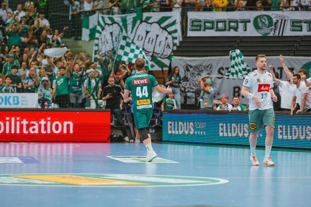 Blr Hinriksson (SC DHfK Leipzig, 44) goal celebration SC DHfK Leipzig - TSV GWD Minden. Bundesliga, Herren Handball, 25 26, GER, Leipzig, Quarterback Immobilien Arena, Round 34 Leipzig Quarterback Immobilien Arena Sachsen GER Copyright: xBillmanxDubex
