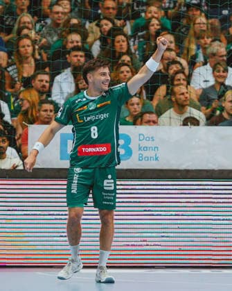 Lucas Krzikalla (SC DHfK Leipzig, 8) goal celebration SC DHfK Leipzig - TSV GWD Minden. Bundesliga, Herren Handball, 25 26, GER, Leipzig, Quarterback Immobilien Arena, Round 34 Leipzig Quarterback Immobilien Arena Sachsen GER Copyright: xBillmanxDubex