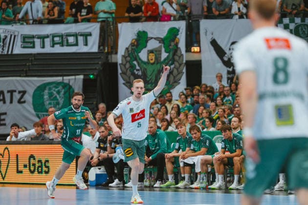 Florian Kranzmann (TSV GWD Minden, 05) celebration SC DHfK Leipzig - TSV GWD Minden. Bundesliga, Herren Handball, 25 26, GER, Leipzig, Quarterback Immobilien Arena, Round 34 Leipzig Quarterback Immobilien Arena Sachsen GER Copyright: xBillmanxDubex