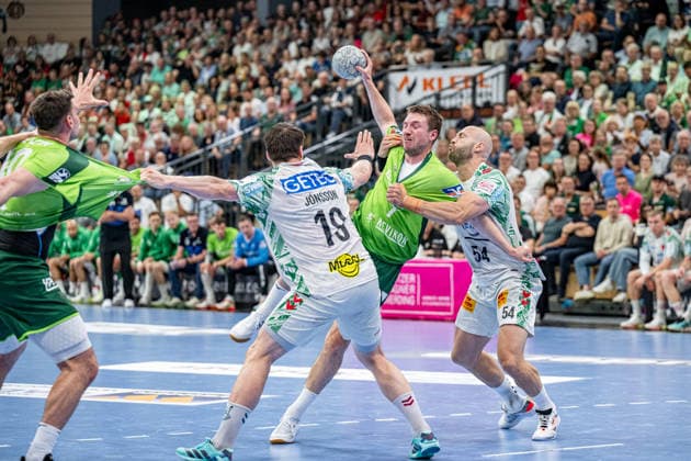Handball Bundesliga; HSG Wetzlar - SC Magdeburg, 07.06.26 Dominik Mappes (HSG Wetzlar, 7), Oscar Bergendahl (SC Magdeburg, 54), Elvar Oern Jonsson (SC Magdeburg, 19), Josip Simic (HSG Wetzlar, 10) Handball Bundesliga; HSG Wetzlar - SC Magdeburg: Wetzlar, 07.06.26