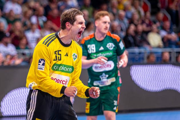 Joel Birlehm (TSV Hannover-Burgdorf, Nr. 35) (v.l.), TSV Hannover-Burgdorf (grün) gegen MT Melsungen (rot) am 34. Spieltag der Saison 2025 2026 in der DAIKIN Handball-Bundesliga (07.06.2026, ZAG Arena (Hannover, GER),