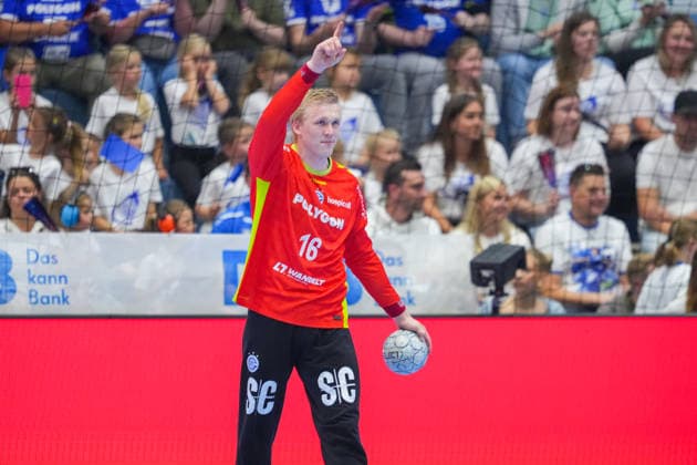 07.06.2026, xydrx, Handball, 1.HBL, VfL Gummersbach - Rhein-Neckar Löwen, Schwalbe-Arena: Bertram Obling (VfL Gummersbach, 16) bejubelt seine Parade