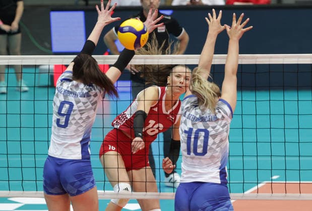 VOLLEYBALL - CEV ELW, AUT vs ISL SCHWECHAT,AUSTRIA,07.JUN.26 - VOLLEYBALL - CEV European League women, OEVV international match, Länderspiel, Nationalmannschaft Austria vs Iceland. Image shows Lejla Sara Hadziredzepovic (ISL), Anamarija Galic (AUT) and Sara Osk Stefansdottir (ISL).  GEPAxpictures xWalterxLuger