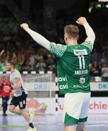 GER HBL Saison 2025 2026 FÜCHSE Berlin vs SG Flensburg-Handewitt, 07.06.26, Max-Schmeling-Halle, Berlin, Lasse Bredekjaer ANDERSSON (Füchse Berlin 11) jubelt nach Torerfolg, Emotion