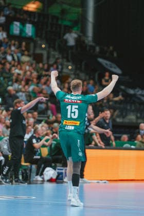 Adam Lönn (SC DHfK Leipzig, 15) celebrating goal SC DHfK Leipzig - TSV GWD Minden. Bundesliga, Herren Handball, 25 26, GER, Leipzig, Quarterback Immobilien Arena, Round 34 Leipzig Quarterback Immobilien Arena Sachsen GER Copyright: xBillmanxDubex