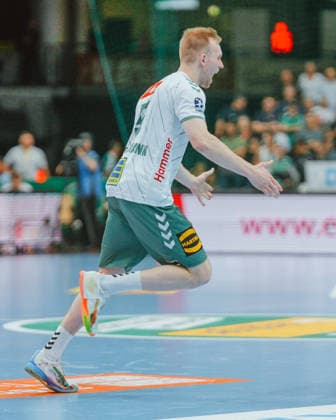 Florian Kranzmann (TSV GWD Minden, 05) celebration SC DHfK Leipzig - TSV GWD Minden. Bundesliga, Herren Handball, 25 26, GER, Leipzig, Quarterback Immobilien Arena, Round 34 Leipzig Quarterback Immobilien Arena Sachsen GER Copyright: xBillmanxDubex